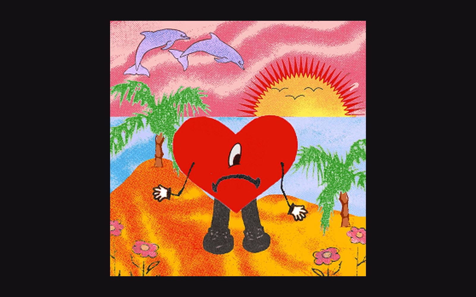 Cartoon of a sad heart character with legs standing on a sunset beach