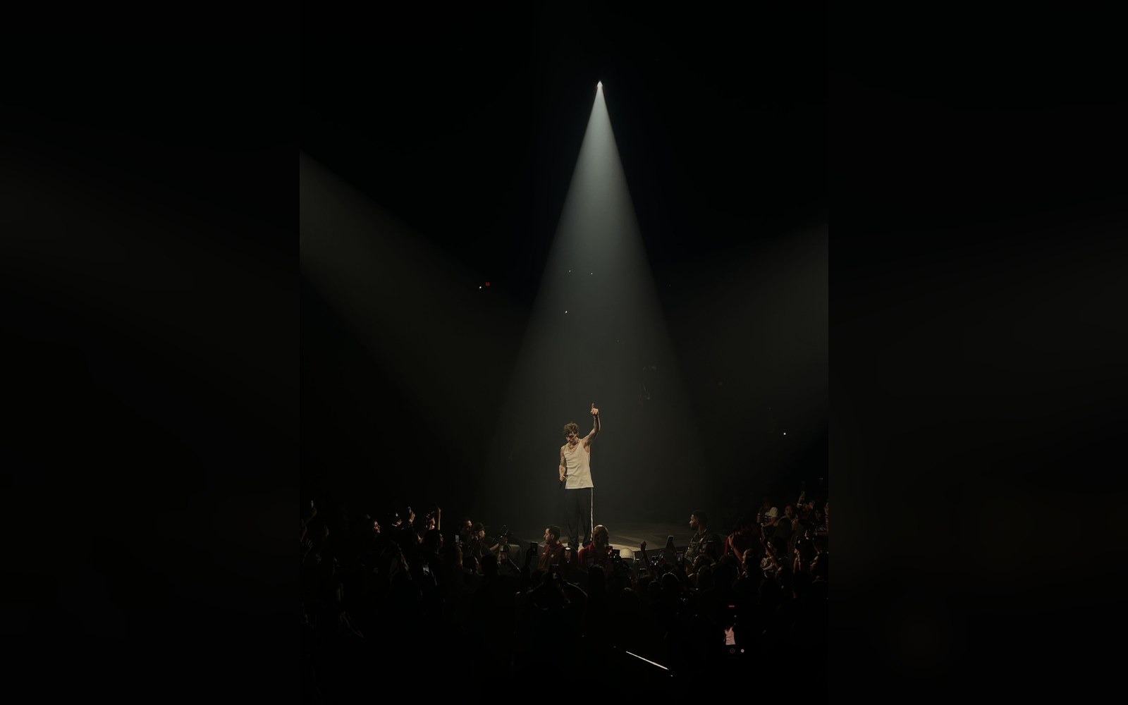 Performer raises an arm under a single spotlight before a darkened concert crowd