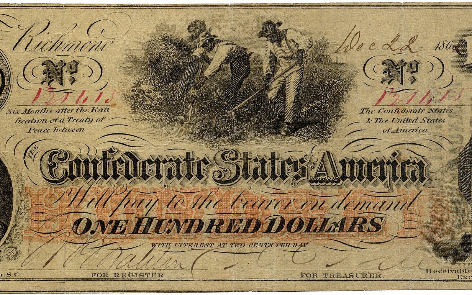 A hundred-dollar Confederate States of America banknote with a farm laborer engraving
