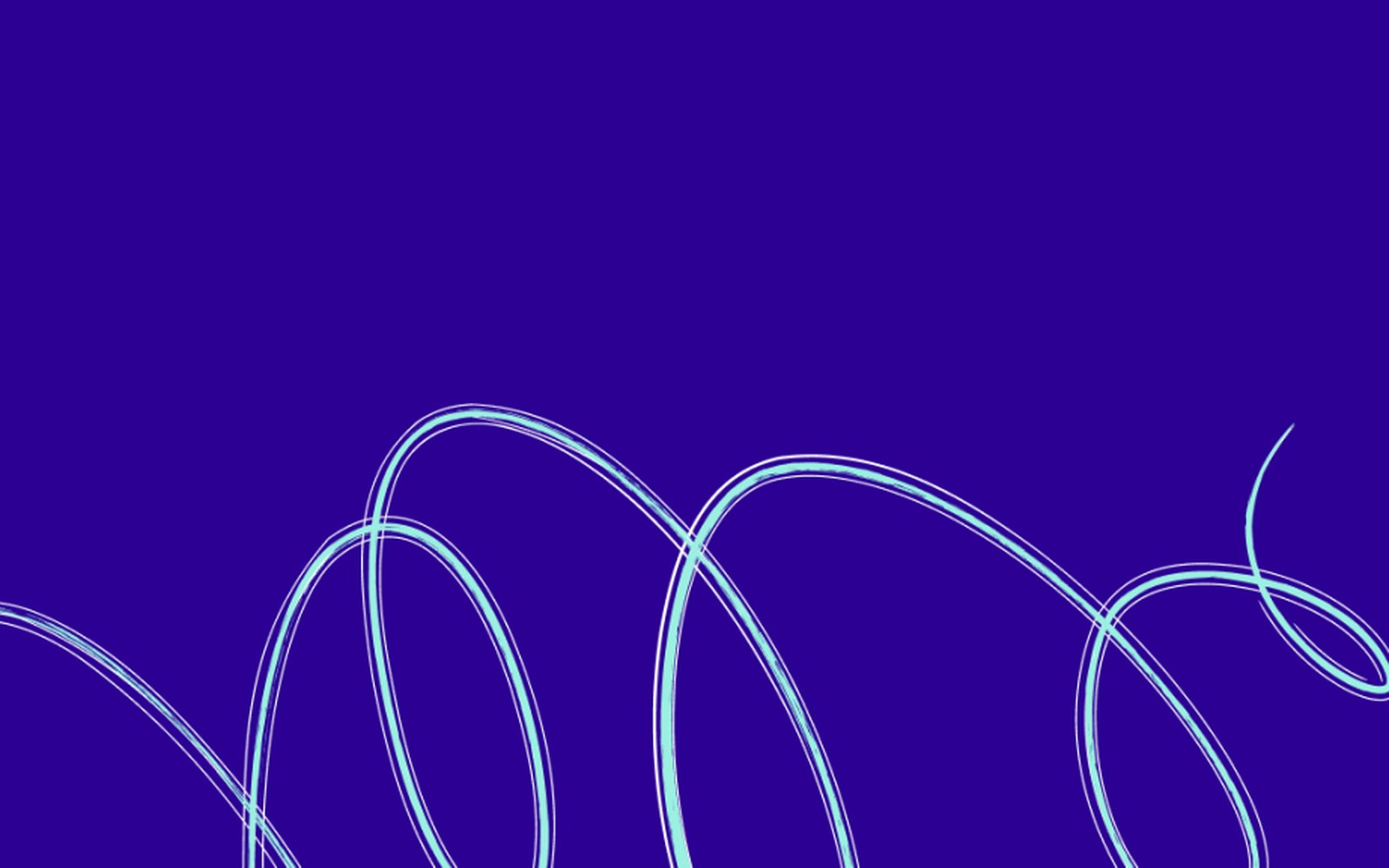 Looping teal and white swirl lines forming coiled loops against a deep purple background